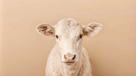 A white calf with big brown eyes looking directly at the camera against a light brown background.の素材