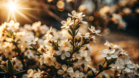 A close-up view of white blossoms on a bush with the sun shining through the branches.の素材