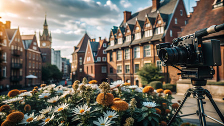 A professional camera on a tripod is positioned in front of a flower bed in a city setting.の素材
