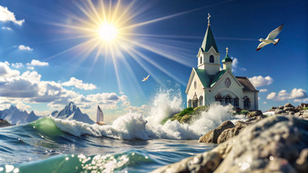 A white church stands on a rocky island in the middle of a stormy sea, with a sailboat in the distance and seagulls flying overhead, under a bright, sunny sky.の素材