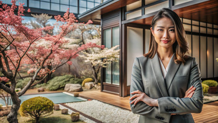 Confident businesswoman with arms crossed in front of a modern Japanese home.の素材