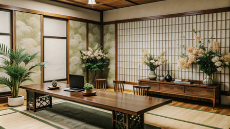 A traditional Japanese room with tatami mats, shoji screens, and a wooden table.の素材