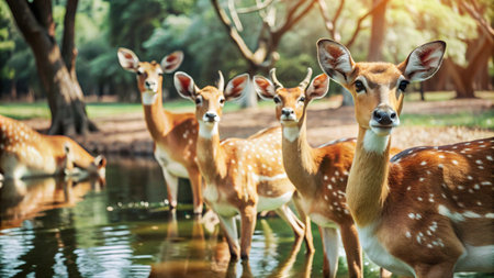 A herd of spotted deer stand in a pond, looking at the camera with sunlight filtering through the trees.の素材
