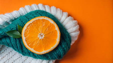A half of orange with green leaves on a teal and white knitted sweater against an orange background.の素材
