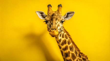 Close-up portrait of a giraffe&#39;s head against a yellow background.の素材