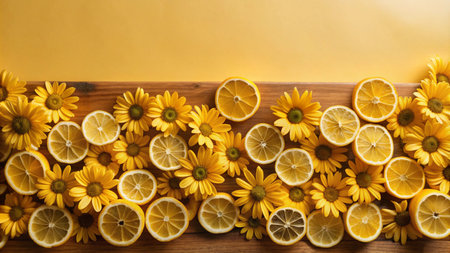 Yellow lemons and daisies arranged in a row on a wooden surface against a yellow background.の素材