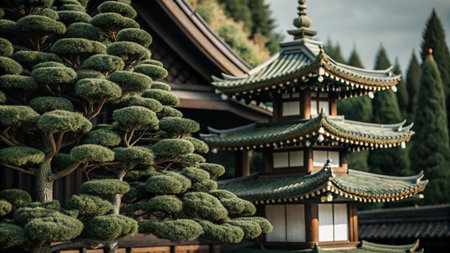 A traditional Japanese pagoda with a green tiled roof and a lush green tree in the foreground.の素材