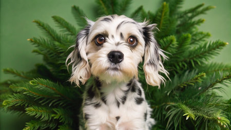 A small, black and white dog looks curiously at the camera, surrounded by fir branches against a green background.の素材