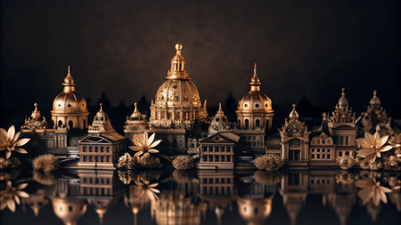 Golden cityscape skyline with reflections on a dark background.の素材