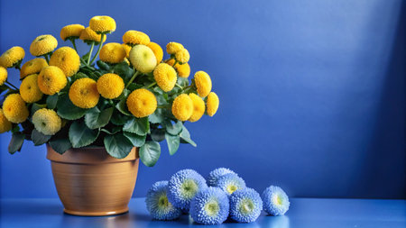 Yellow and blue flowers in a terracotta pot against a blue background.の素材