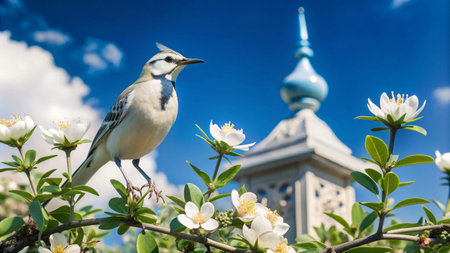 A white wagtail perched on a branch of a blossoming tree with a blue dome church in the background.の素材