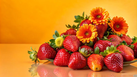 A pile of fresh red strawberries with orange flowers on a reflective surface.の素材