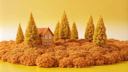 Miniature house with trees in a forest.の素材