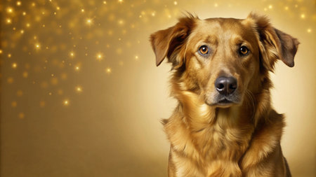 A golden retriever dog looking at the camera with a warm, golden bokeh background.の素材