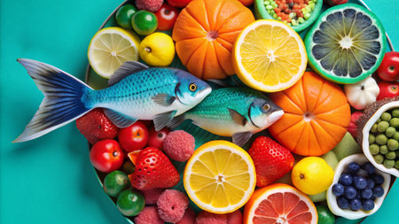 Colorful fish and fruits arranged on a turquoise plate.の素材