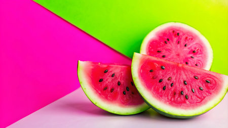 Three slices of watermelon on a pink and green background.の素材