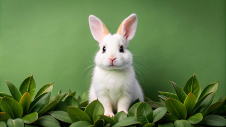 Adorable white rabbit with long ears sitting on green leaves.の素材