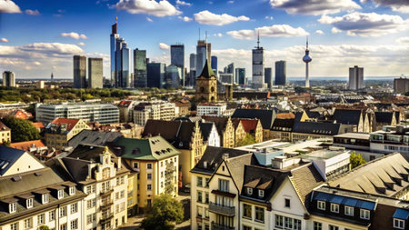 A panoramic view of Frankfurt, Germany with a mixture of historic and modern buildings.の素材