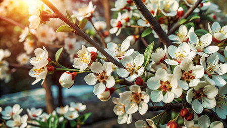 Close-up of white cherry blossoms blooming on a branch in spring sunlight.の素材
