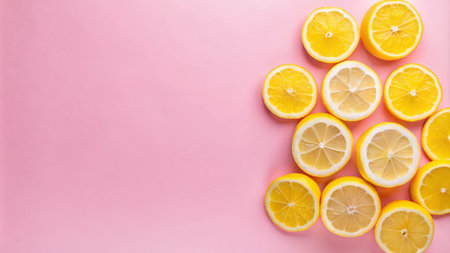 Lemon slices arranged in a triangular shape on a pink background, leaving space for text.の素材