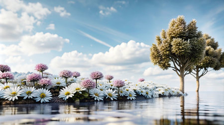 A lone tree stands on a small island surrounded by white and pink flowers, with blue sky and clouds reflected in the water.の素材