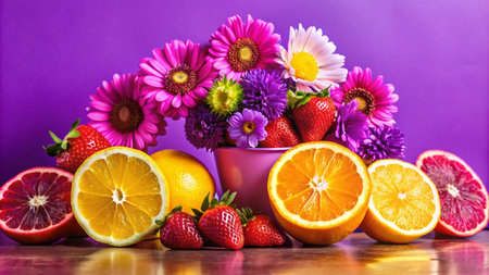 A vibrant still life with a variety of colorful fruits and flowers, including oranges, lemons, strawberries, and daisies, arranged on a wooden table against a purple background.の素材