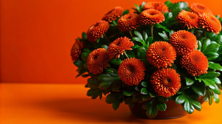 A vibrant orange flower arrangement with green leaves in a terracotta pot against an orange background.の素材