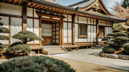 Traditional Japanese home with wooden details and a manicured garden.の素材