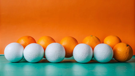 A row of white and orange fruits on a teal surface against an orange background.の素材