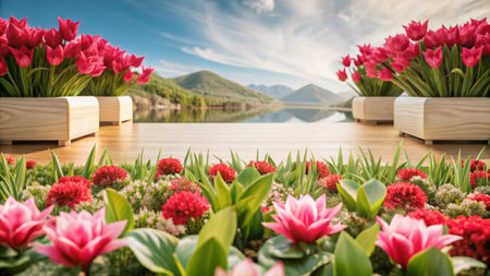 Wooden platform with pink flowers and tulips in front of mountain lake.の素材