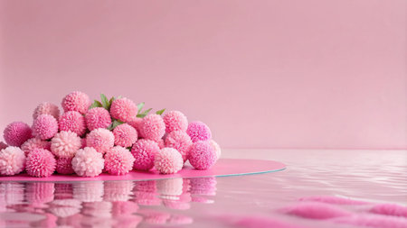 Pink flowers on a pink surface with a reflection in water.の素材