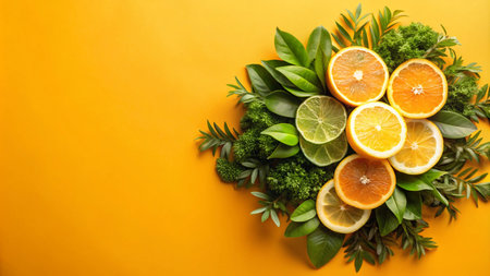 Citrus fruit slices and green leaves arranged on a yellow background with copy space.の素材