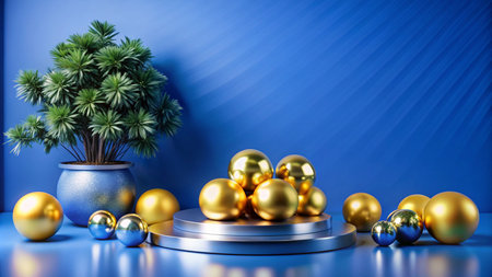 Abstract blue background with golden spheres and plant, perfect for product display.の素材