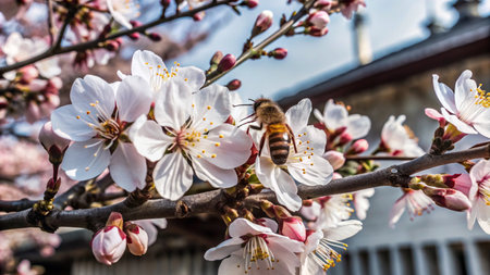 A bee collects nectar from a delicate white blossom on a branch of cherry blossoms.の素材