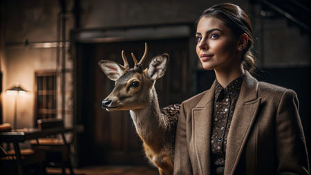A young woman in a brown coat stands with a fawn on her shoulder, looking off to the side with a thoughtful expression in a rustic setting.の素材