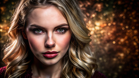 A beautiful young woman with long blonde hair and green eyes stares directly at the camera.の素材