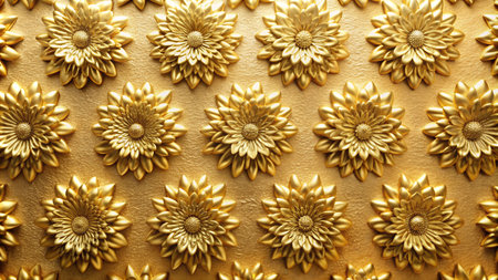 A wall with a repeating pattern of golden flower carvings.の素材