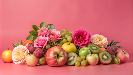 A colorful still life of fruits and flowers on a pink background.の素材