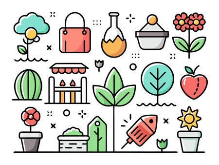 Delightful colorful line art icons represent various building and trees types.のイラスト素材