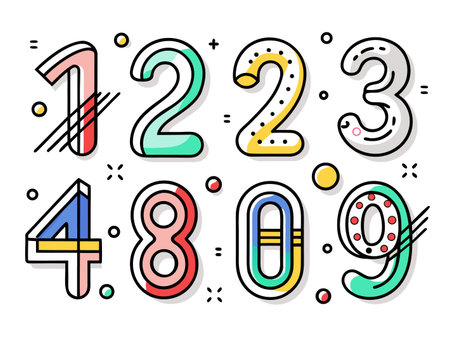 Stylized numbers one through nine are colorful and graphic on white backdrop.のイラスト素材