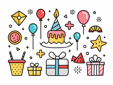 Whimsical birthday themed icons and clip art collection on white background.のイラスト素材