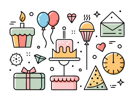 Celebratory line art showcases birthday elements in festive, colorful designs.のイラスト素材