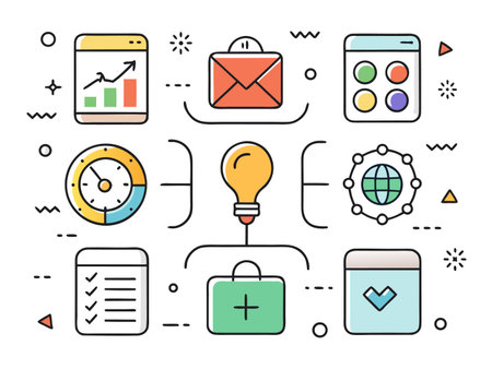 Collection of colorful business icons representing diverse functions and ideas.のイラスト素材