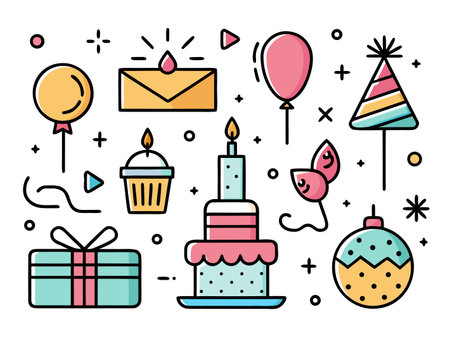 Colorful assortment of festive icons creates a fun, celebratory cartoon vector.のイラスト素材