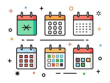 Six colorful cartoon calendars are visually organized on a clean white surfaceのイラスト素材