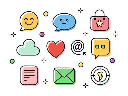 Vibrant icons illustrate communication and creativity on white background.のイラスト素材