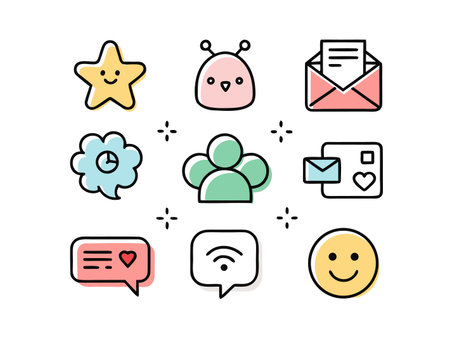 Vibrant and playful vector icons illustrate networking and communication themes.のイラスト素材