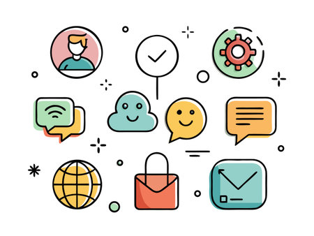 A set of colorful and playful icons showing communication and technology theme.のイラスト素材