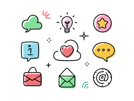 Colorful line art symbols depicting communication, information, and expression.のイラスト素材