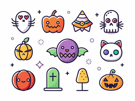 A whimsical Halloween icons collage brings cheerful spooky season atmosphere.のイラスト素材